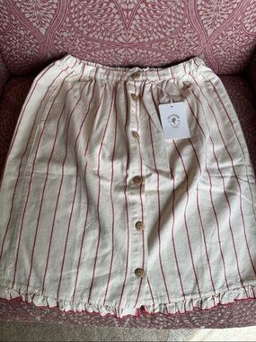 Fin & Vince midi ruffled skirt in cream with red stripe, NWT size 8/9